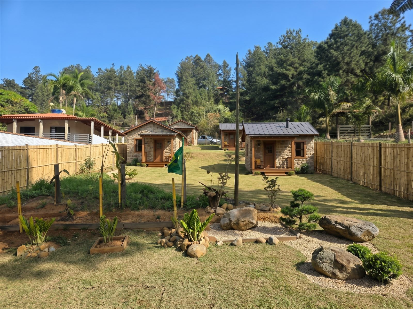 Chalés de pedra e madeira no jardim do Espaço Rancho Araucária